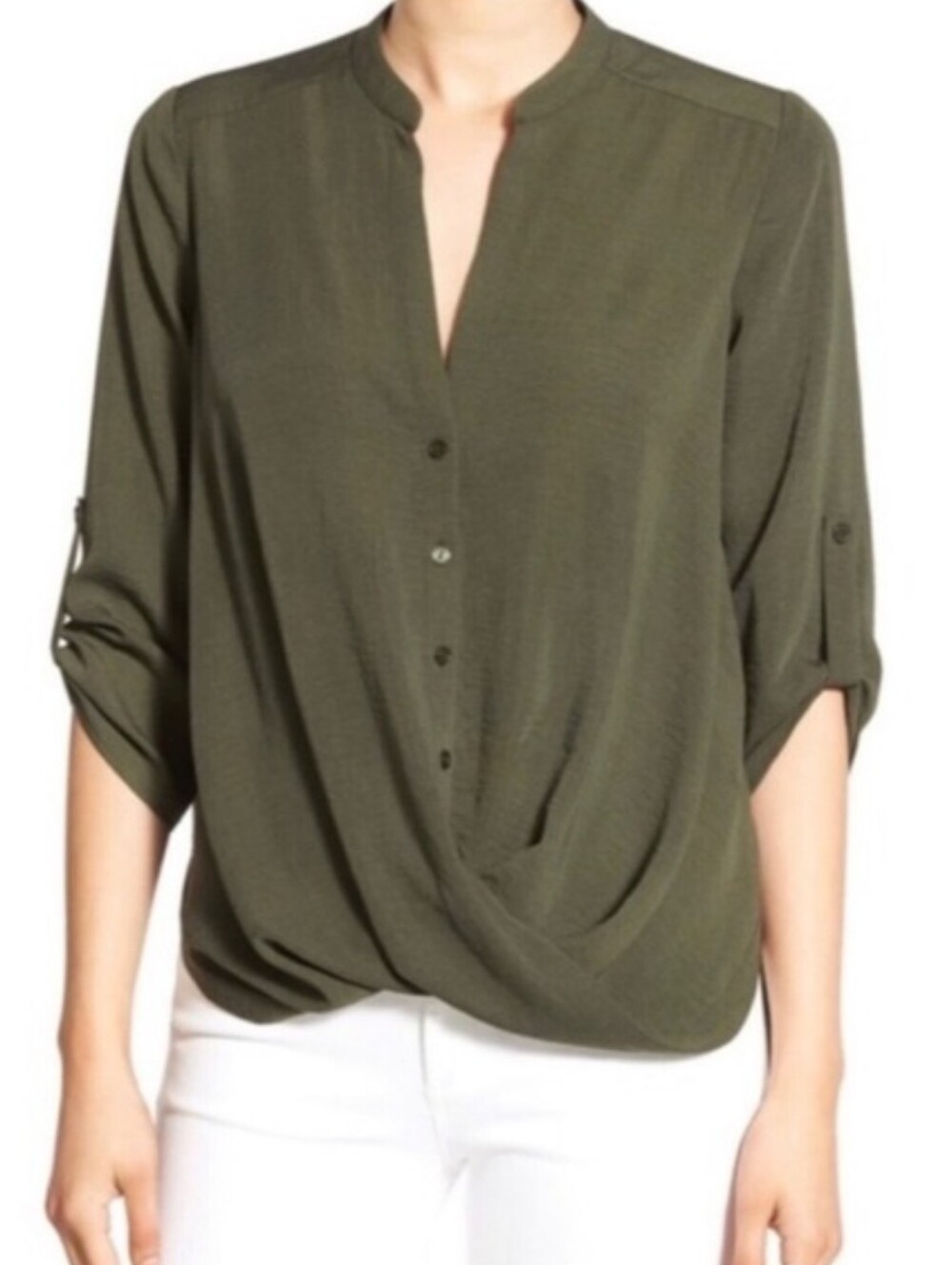 Lush Olive Green Twist Wrap High Low Hem Blouse Size Large